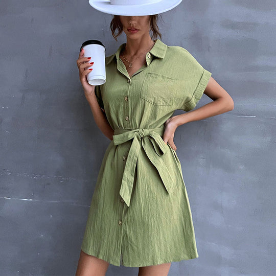 Damen Hemdblusenkleid mit Taillengürtel und Kurzarm EB