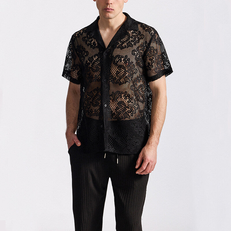 Herren Designer-Hemd aus transparentem Häkelmaterial mit floralem Muster EB