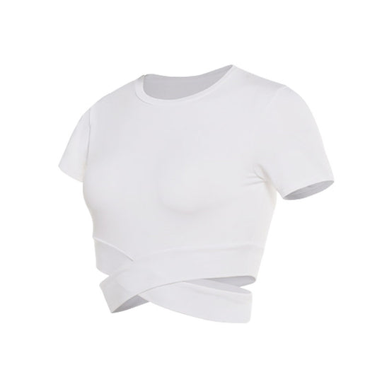 Damen kurzärmliges Trainings-Crop-Top mit innovativer Wickeloptik EB