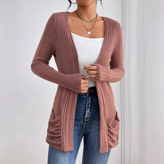 Damen Strickjacke mit vertikalem Rippdesign und praktischen Taschen EB