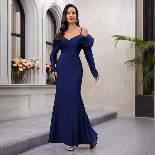 Damen Elegantes Maxikleid mit Steckkragen und schulterfreiem Design EB