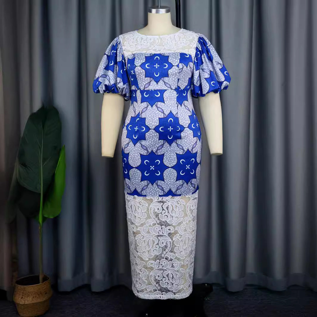Damen Elegantes Midi-Langarmkleid mit floralem Muster und Puffärmeln EB