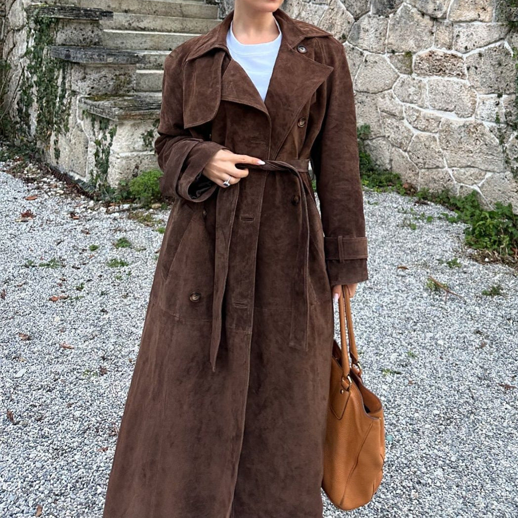 Damen Suede Trenchcoat mit Gürtel und eleganten Knopfdetails EB