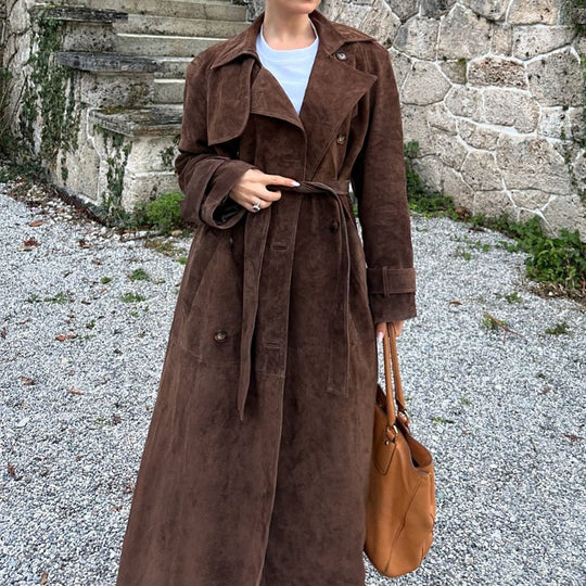 Damen Suede Trenchcoat mit Gürtel und eleganten Knopfdetails EB