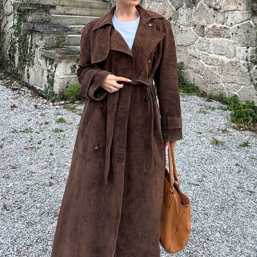 Damen Suede Trenchcoat mit Gürtel und eleganten Knopfdetails EB