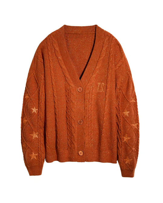 Damen nan großzügiger Grobstrick-Cardigan mit Zopfmuster, V-Ausschnitt und Sternstickereien EB