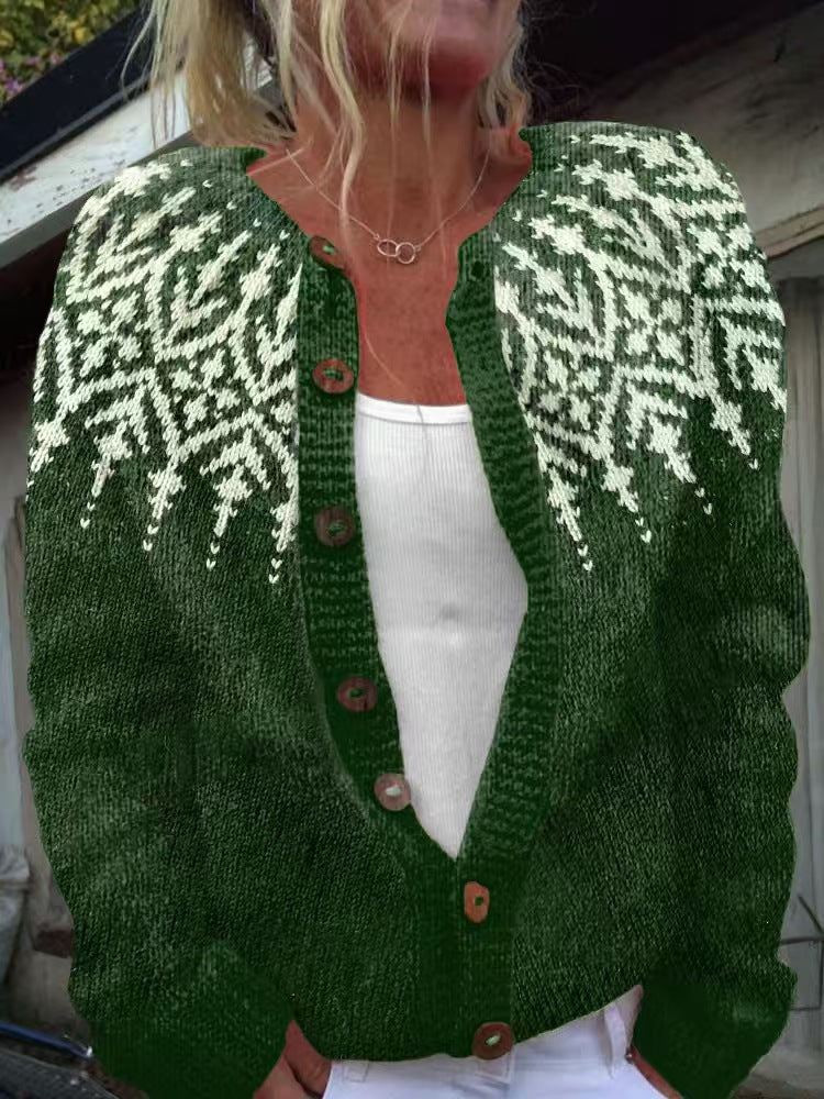 Damen nan gemusterte Strickjacke mit Rundpasse, Holzknöpfen und Eingrifftaschen EB