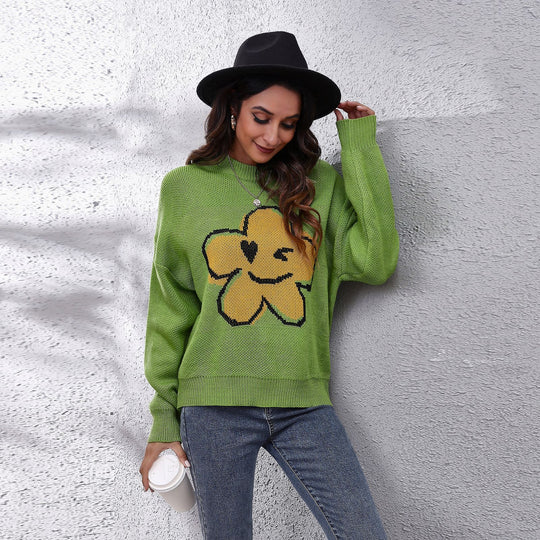 Damen Grob gestrickter Pullover mit floralem Motiv und lässigem Schnitt EB