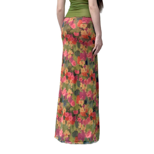 Damen Maxi-Rock mit floralem Chiffon-Design und seitlichem Schlitz EB