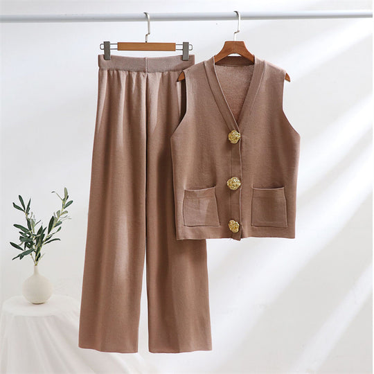 Damen elegantes Strick-Loungewear-Set mit Knopfdetaillierung EB