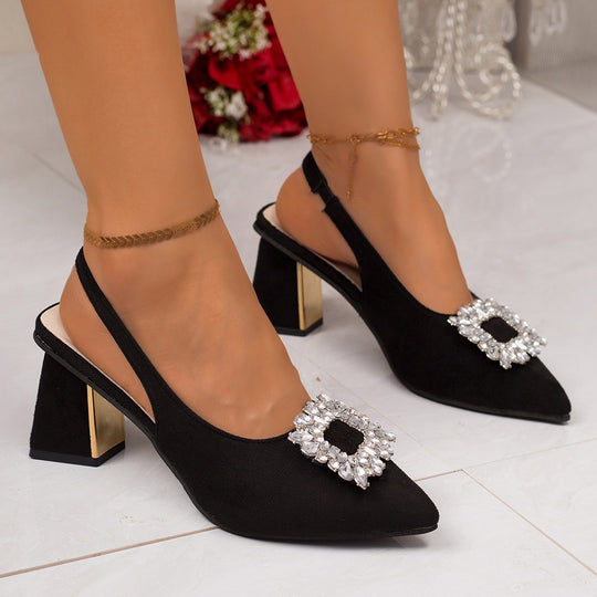 Damen Slingback Pumps mit luxuriösem Strass-Detail und bequemem Blockabsatz EB