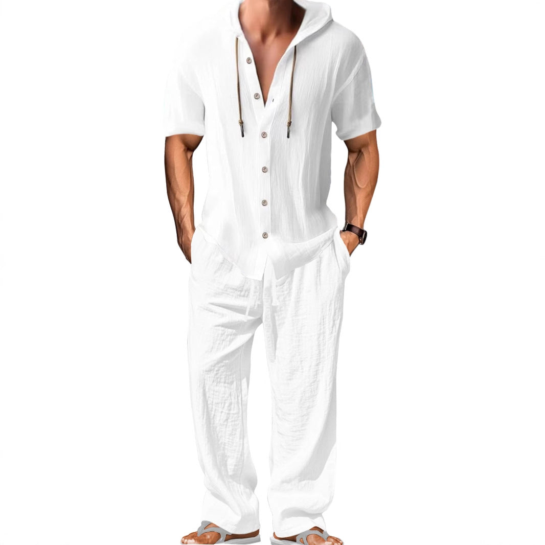 Herren nan luftiges Leinen-Lounge-Set mit kurzärmeligem Kapuzenhemd und gerader Relaxhose EB