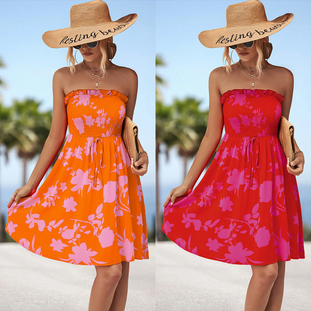 Damen luftiges Sommerkleid mit elastischem Taillenband und floralem Volant EB