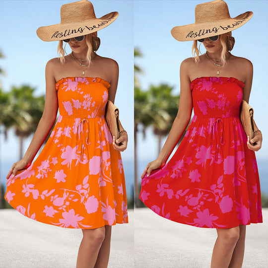 Damen luftiges Sommerkleid mit elastischem Taillenband und floralem Volant EB