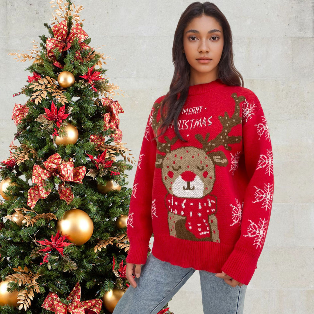 Damen Weihnachtspullover mit niedlichem Rentiermotiv und winterlichen Schneeflocken EB