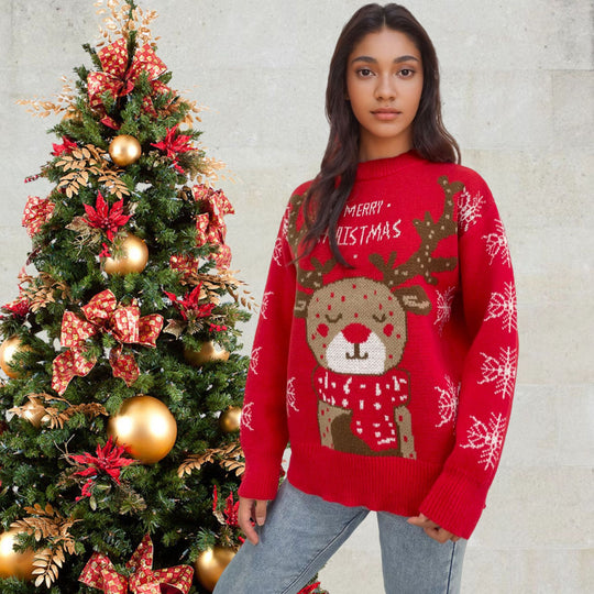Damen Weihnachtspullover mit niedlichem Rentiermotiv und winterlichen Schneeflocken EB