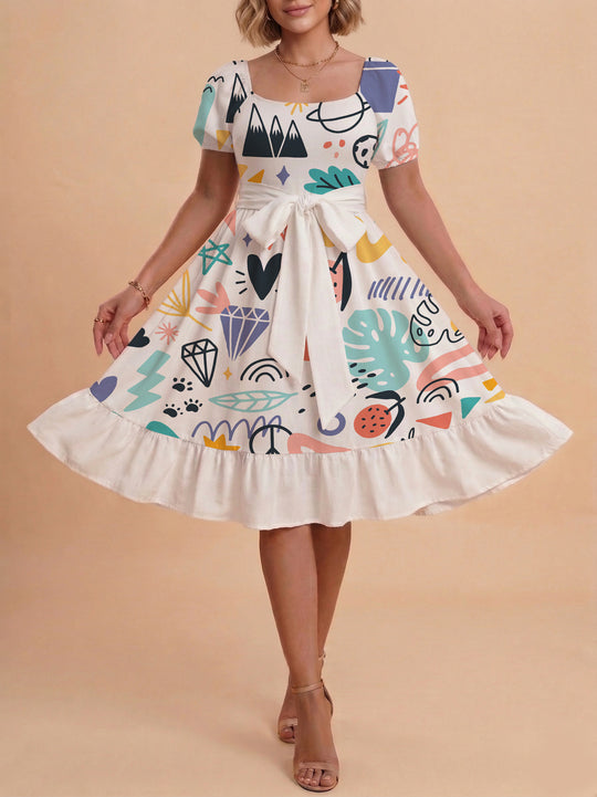 Damen Sommerkleid mit floralem Puffärmel und taillierbarem Gürtel EB