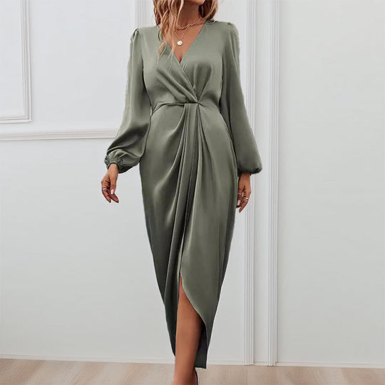Damen Elegantes Maxikleid mit Tiefem V-Ausschnitt und Ballonärmeln EB