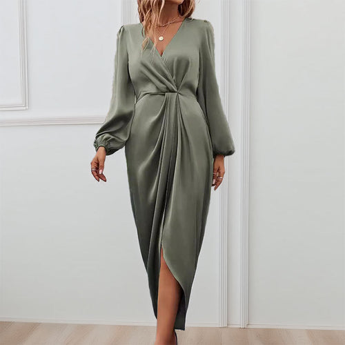Damen Elegantes Maxikleid mit Tiefem V-Ausschnitt und Ballonärmeln EB