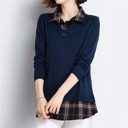 Damen Layered Strickpullover mit V-Ausschnitt und trendy Hemdbluse EB
