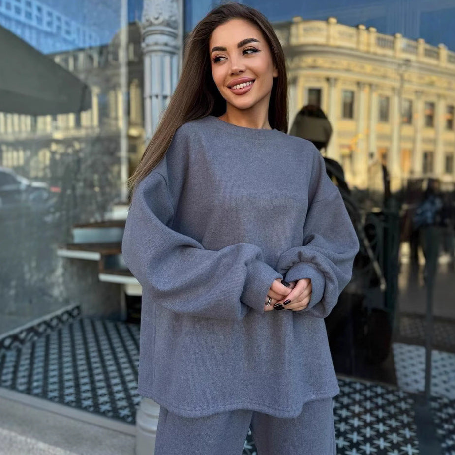 Damen Weiches Oversized-Strick-Loungewear-Set mit legerem Rundhals-Pullover und weiter Komforthose EB