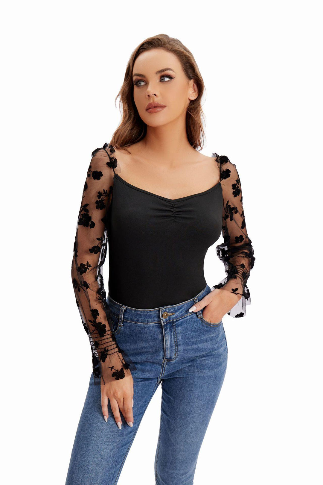 Damen Body mit floralen Puffärmeln und elegantem Design EB