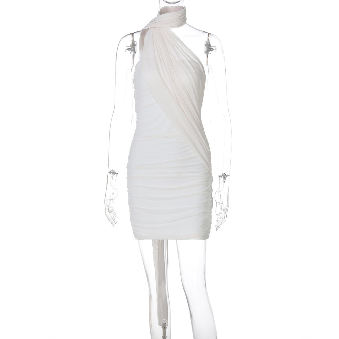 Damen elegantes Minikleid aus leichtem, drapiertem Stoff mit asymmetrischem Ausschnitt EB