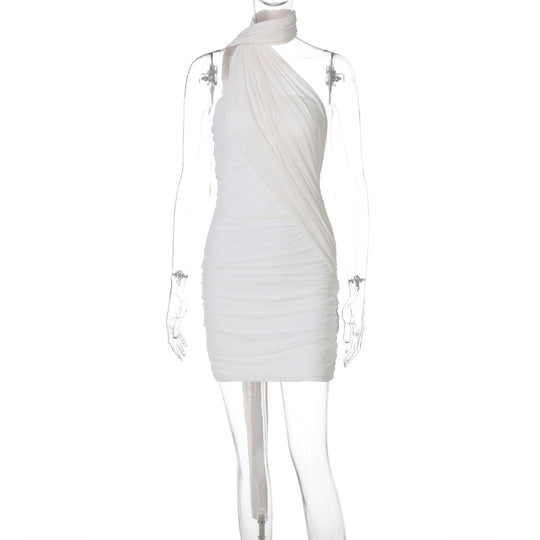 Damen elegantes Minikleid aus leichtem, drapiertem Stoff mit asymmetrischem Ausschnitt EB
