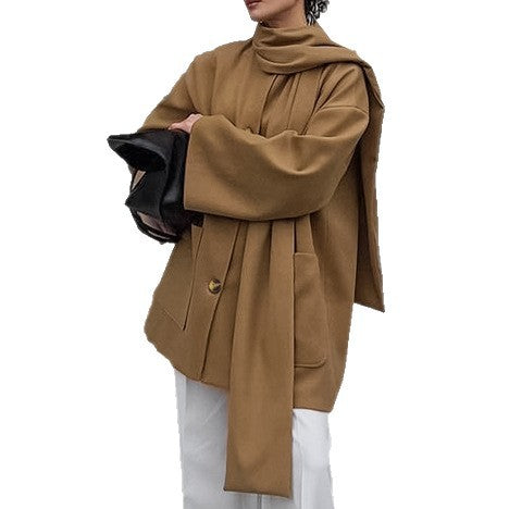 Damen modische Oversized-Jacke mit Schal und praktischen Taschen EB