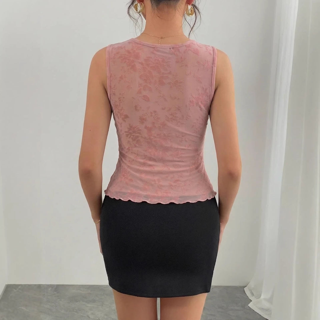 Damen nan figurbetontes ärmelloses Spitzen-Top mit tiefem V-Ausschnitt, geformten Cups und floraler Jacquardstruktur EB