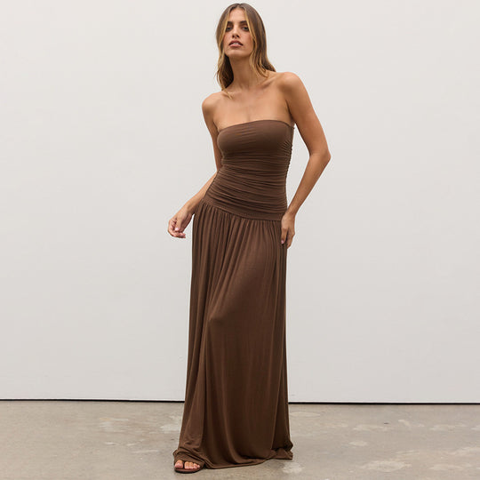 Damen Maxikleid mit elastischem Oberteil und fließendem Rock EB