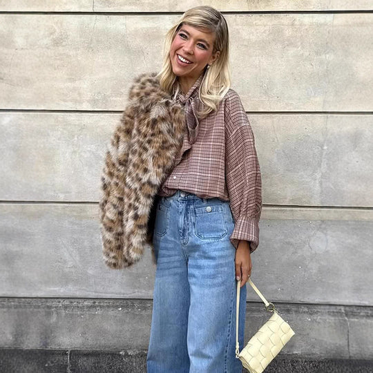 Damen Kurze Felljacke mit Leopardenmuster EB