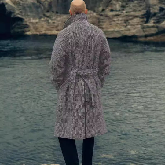 Herren eleganter Wollmantel mit Fischgrätmuster EB