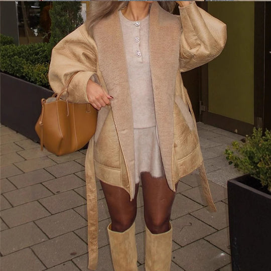 Damen Oversized Kunstfellmantel mit taillierbarem Gürtel und voluminösen Ärmeln EB