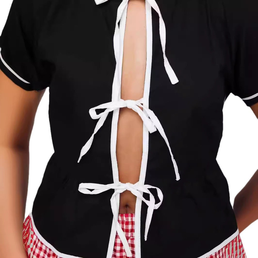 Damen Crop-Oberteil mit Puffärmeln und verstellbaren Bindebändern EB