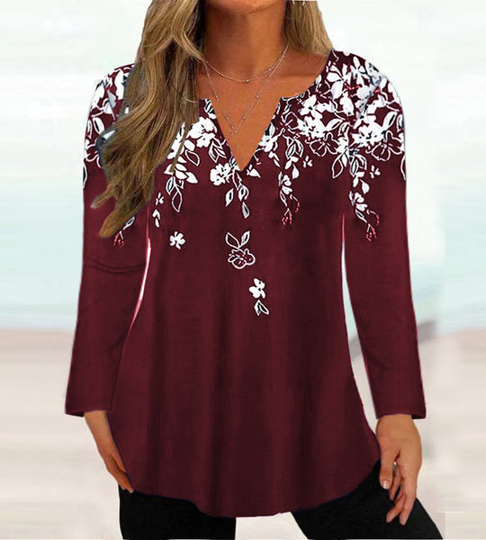 Damen Elegante Bluse mit floralem Design und V-Ausschnitt EB