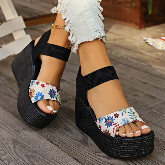 Damen Wedge-Sandalen mit floralem Design und elastischen Riemen EB