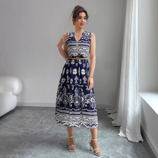 Damen Maxikleid mit elegantem V-Ausschnitt und grafischem Muster EB