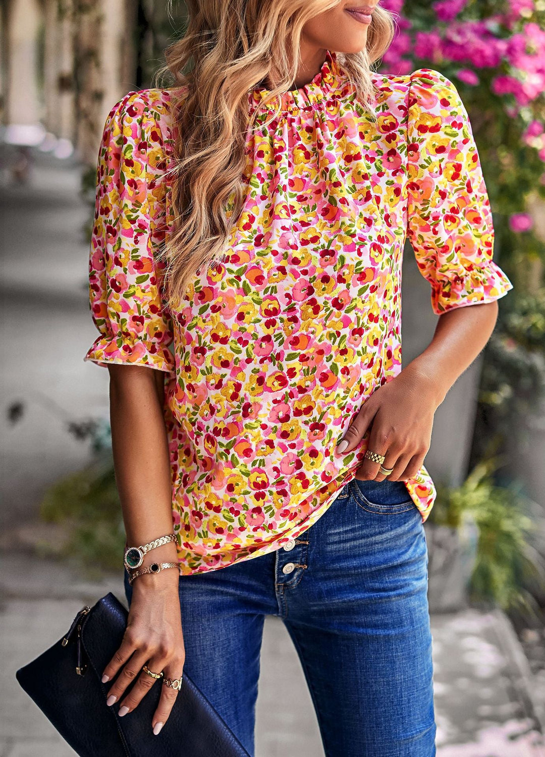 Damen Bluse mit Verspieltem Blumendesign und Puffärmeln EB