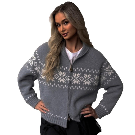 Damen Grobstrickjacke mit folkloristischem Muster und offenem Schnitt EB