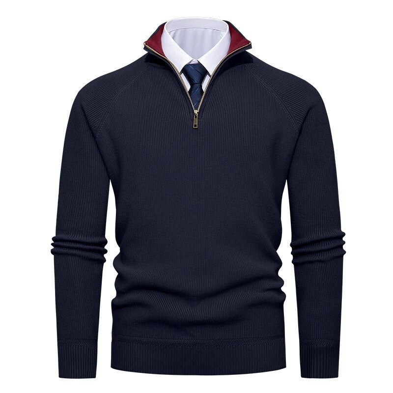 Herren nan feiner Strickpullover mit Halbzip, strukturierter Rippoptik und innen kontrastiertem Stehkragen EB