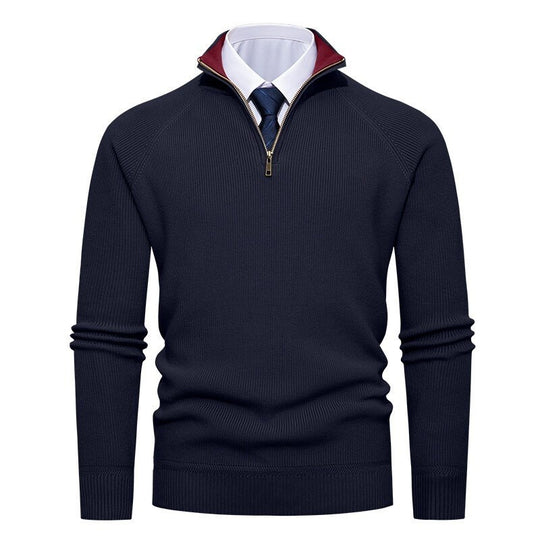 Herren nan feiner Strickpullover mit Halbzip, strukturierter Rippoptik und innen kontrastiertem Stehkragen EB