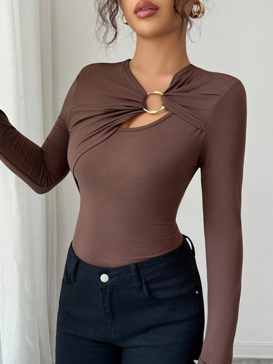 Damen nan figurbetonter Langarm-Body mit Leopardenprint und Zier-Ring EB