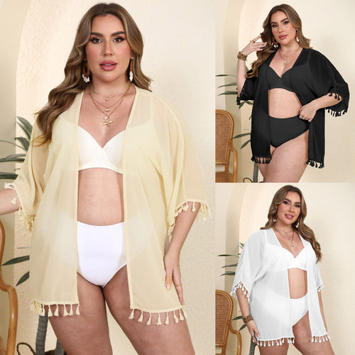 Damen luftiger Kaftan mit bezauberndem Fransenabschluss EB