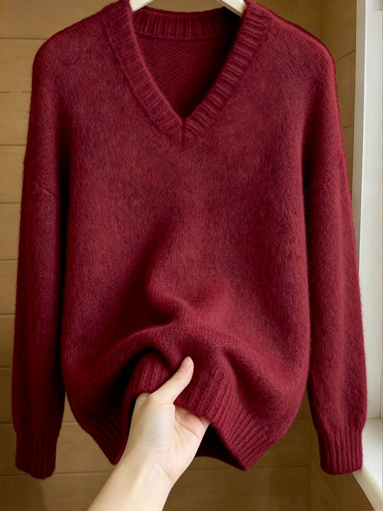 Damen Flauschiger Mohair-Mix Oversize-Pullover mit tiefem V-Kragen EB
