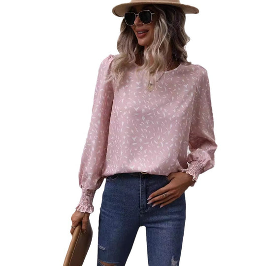 Damen elegante Bluse mit raffinierten Puffärmeln und zartem Muster EB