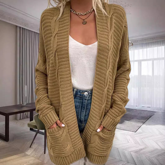 Damen Grobstrick-Cardigan mit strukturierten Ärmeln und tiefen Taschen EB