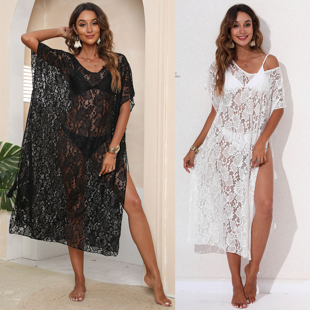 Damen eleganter Häkelstrandüberwurf mit floralen Mustern EB
