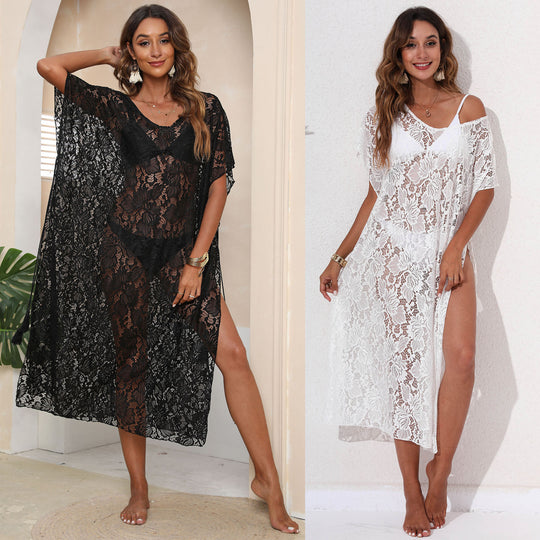Damen eleganter Häkelstrandüberwurf mit floralen Mustern EB
