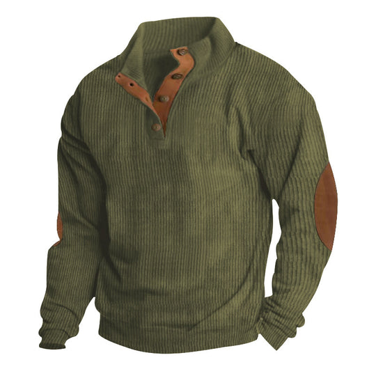 Herren Gerippter Henley-Pullover mit Stehkragen, Knopfleiste & Leder-Ellbogenpatches EB